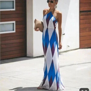 Dee Elly  Blue/Purple Diamond Pattern Maxi Dress-US M